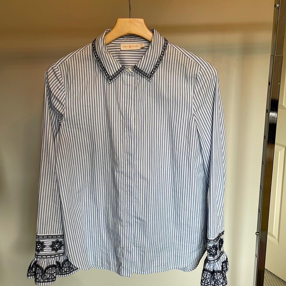 Tory Burch Navy Blue Pin Stripe Button Down Shirt with Ruffle cuff.  Size 6.